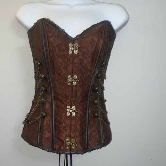 Mahogany Damask Steampunk Over-Bust Corset Top w/ Gold Accents Sz S/M - Picture 6 of 16